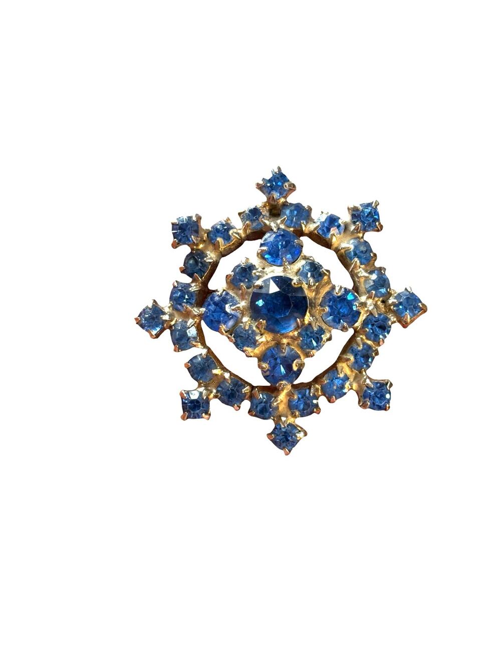 Vintage Silver Tone Blue Rhinestone Starburst Brooch Sapphire Glass Mid Century